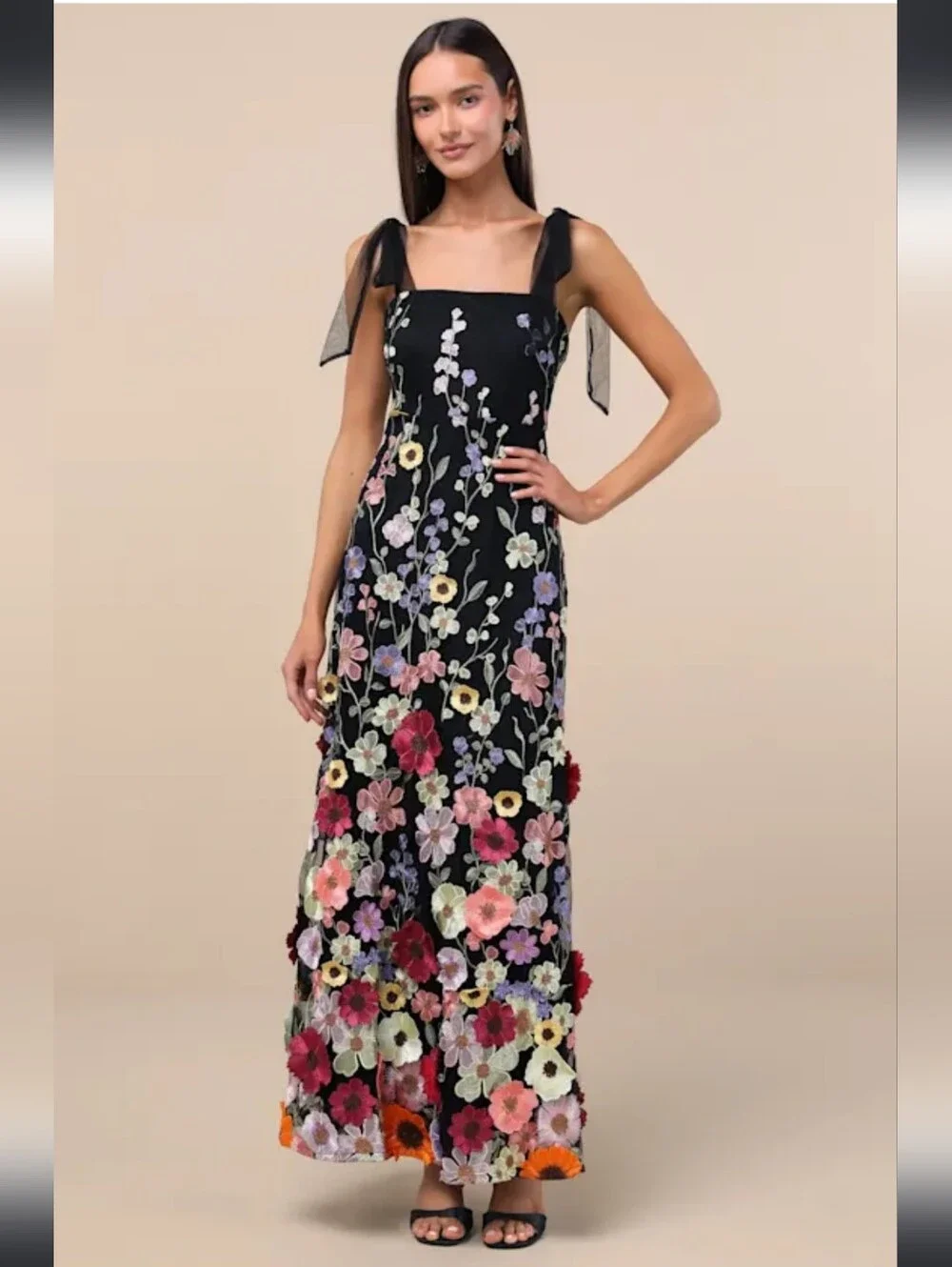 Lulus Thriving Poise Black 3D Floral Embroidered Tie-Strap Maxi Dress - Picture 4 of 16